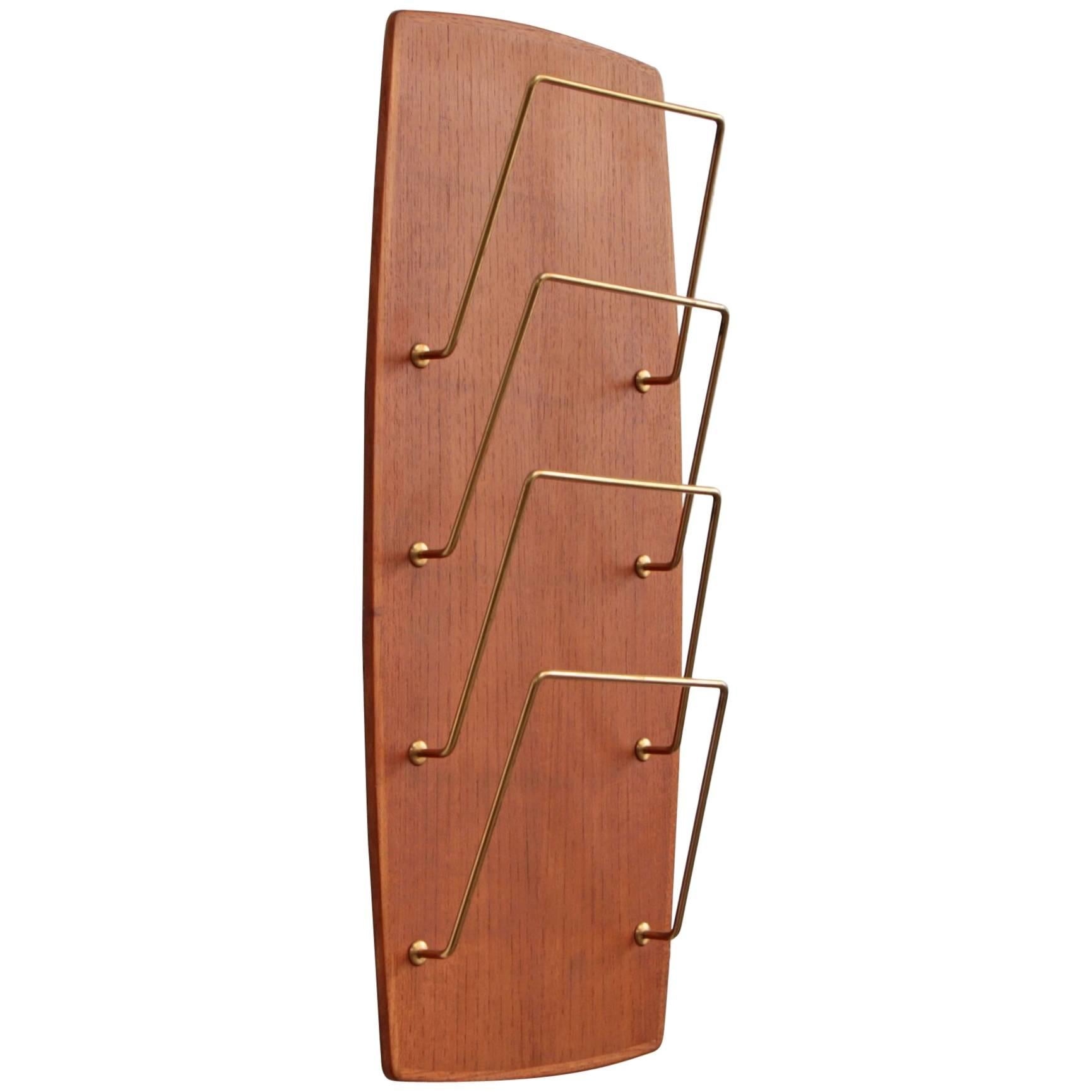 Teak and Brass Magazine Rack For Sale