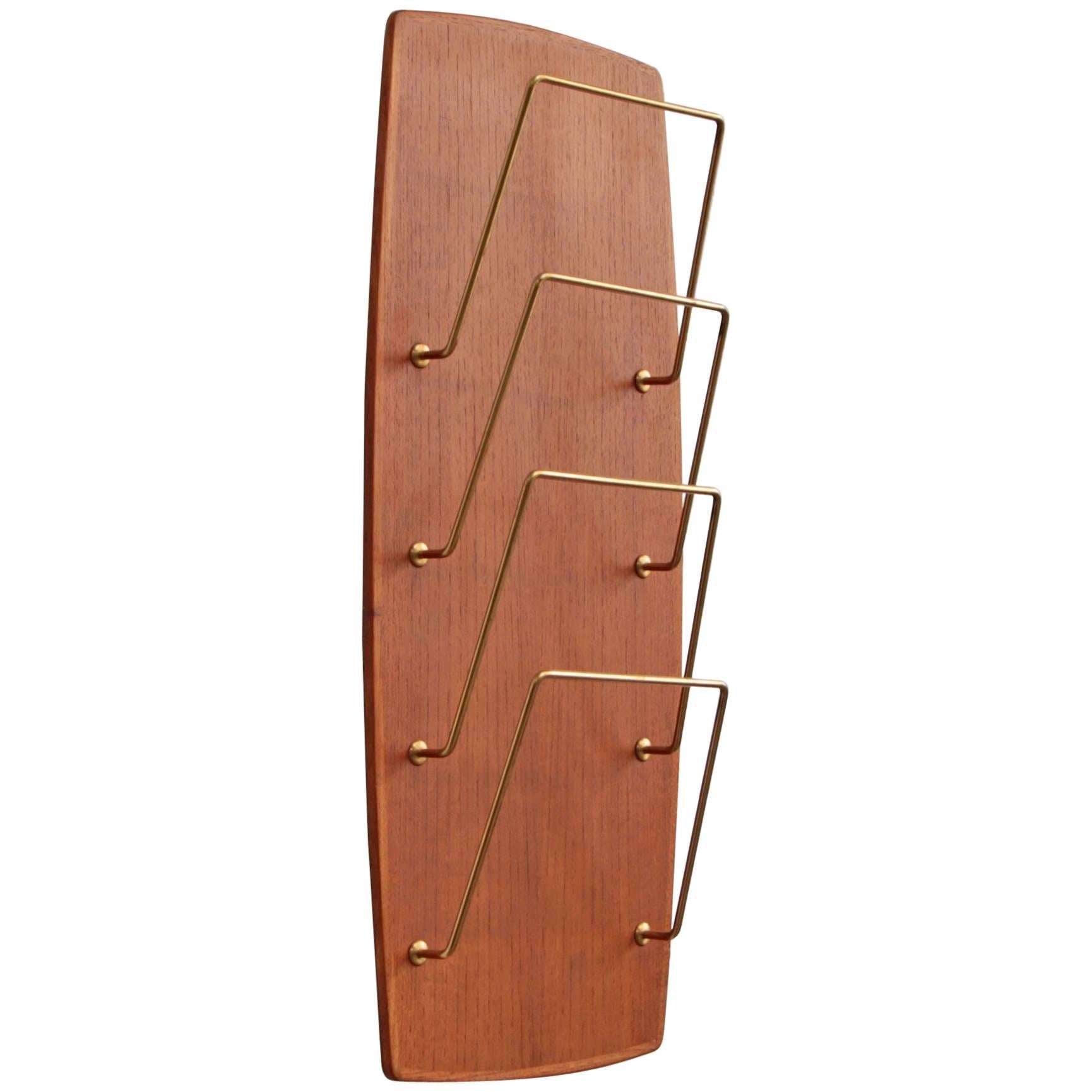  Teak and Brass Magazine Rack For Sale