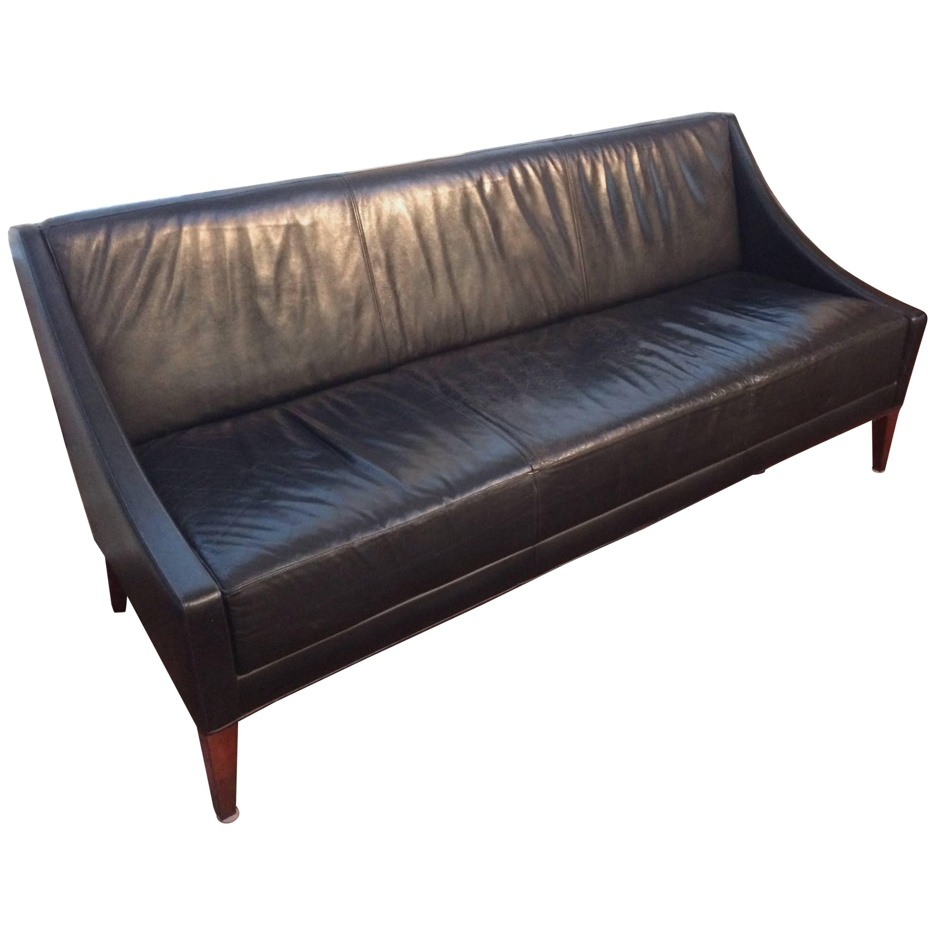 Sophisticated Men's Club Mid-Century Modern Black Leather Couch
