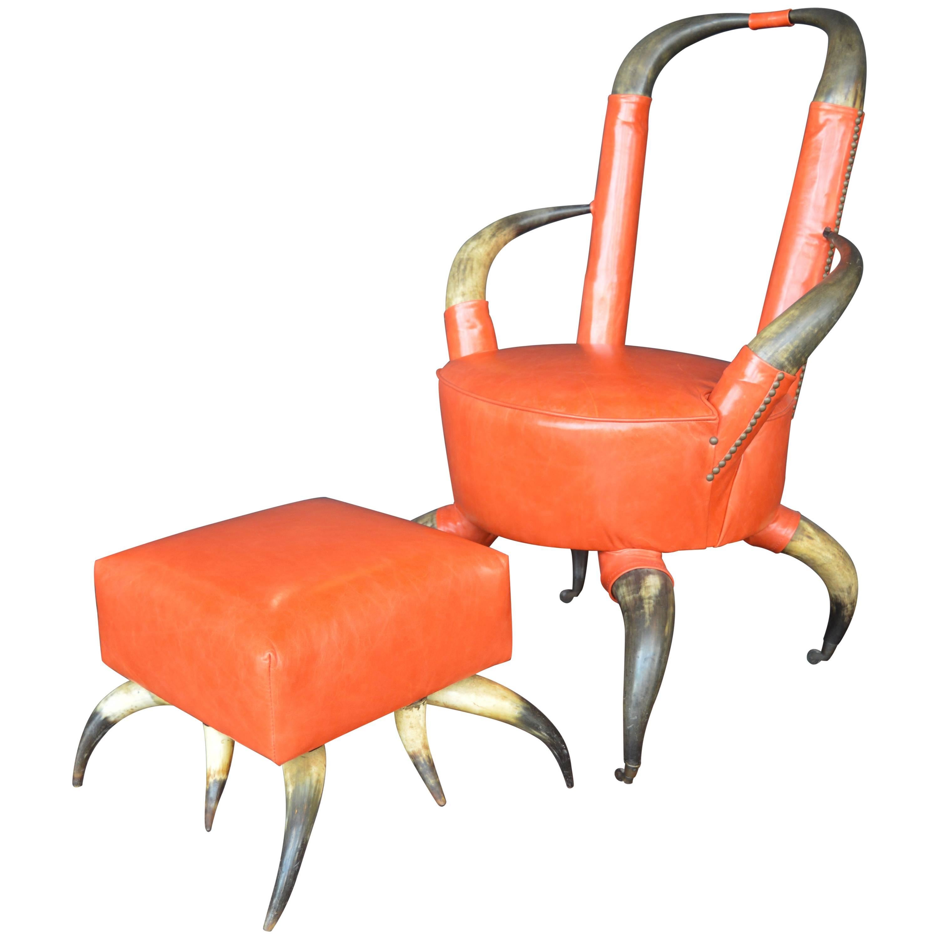 Cow Horn Chair with Ottoman For Sale