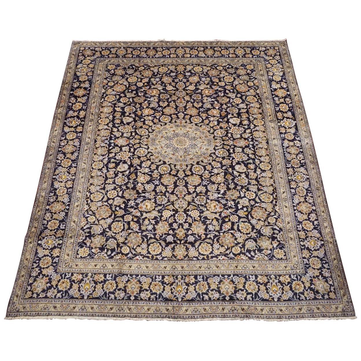 Signed Blue Persian Kashan Rug, circa 1940 For Sale