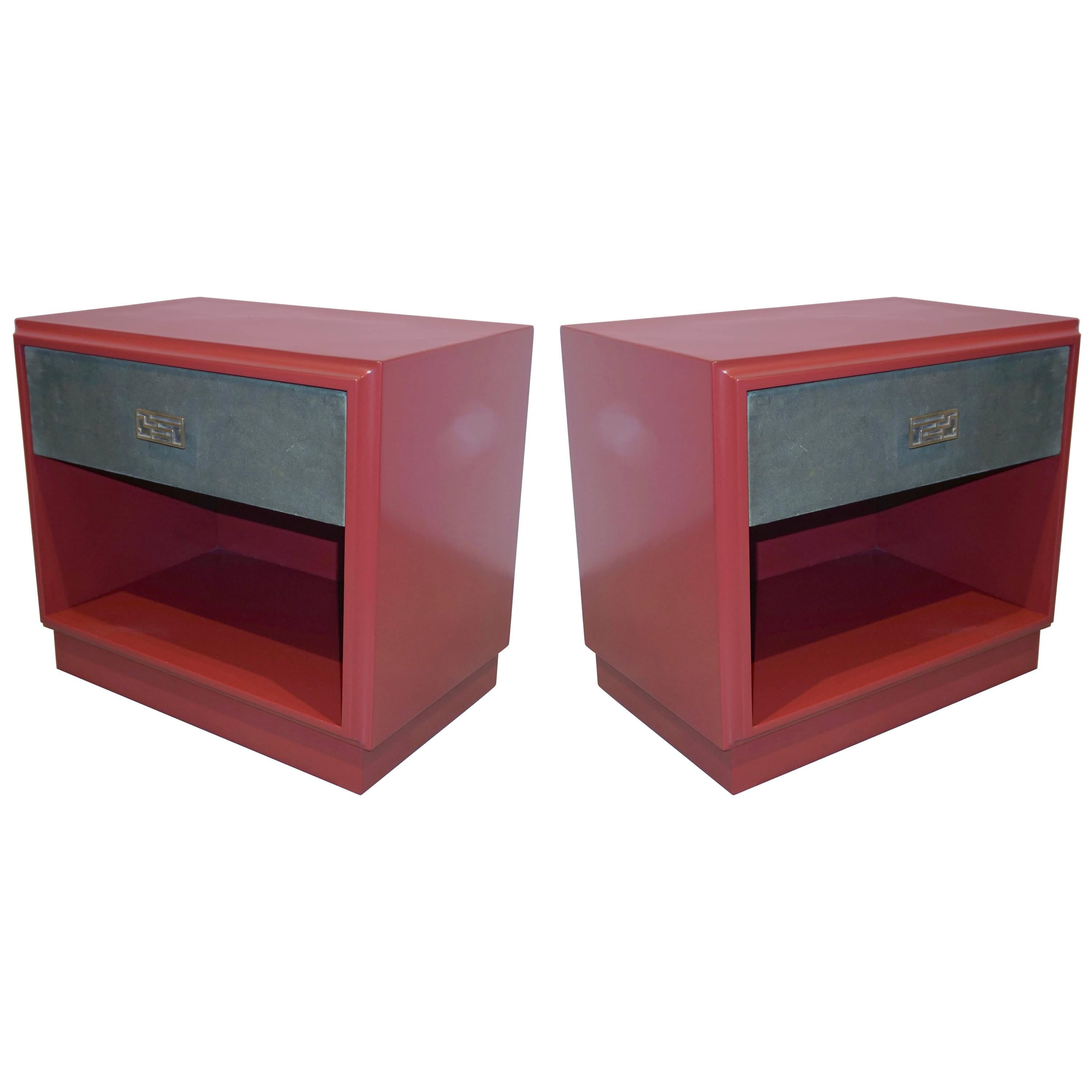 1970s Italian Green Leather Burgundy Side Tables with Mirror and Bronze Accents
