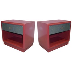 1970s Italian Green Leather Burgundy Side Tables with Mirror and Bronze Accents