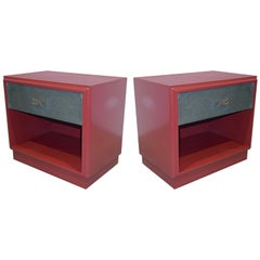 1970s Italian Green Leather Burgundy Side Tables with Mirror and Bronze Accents