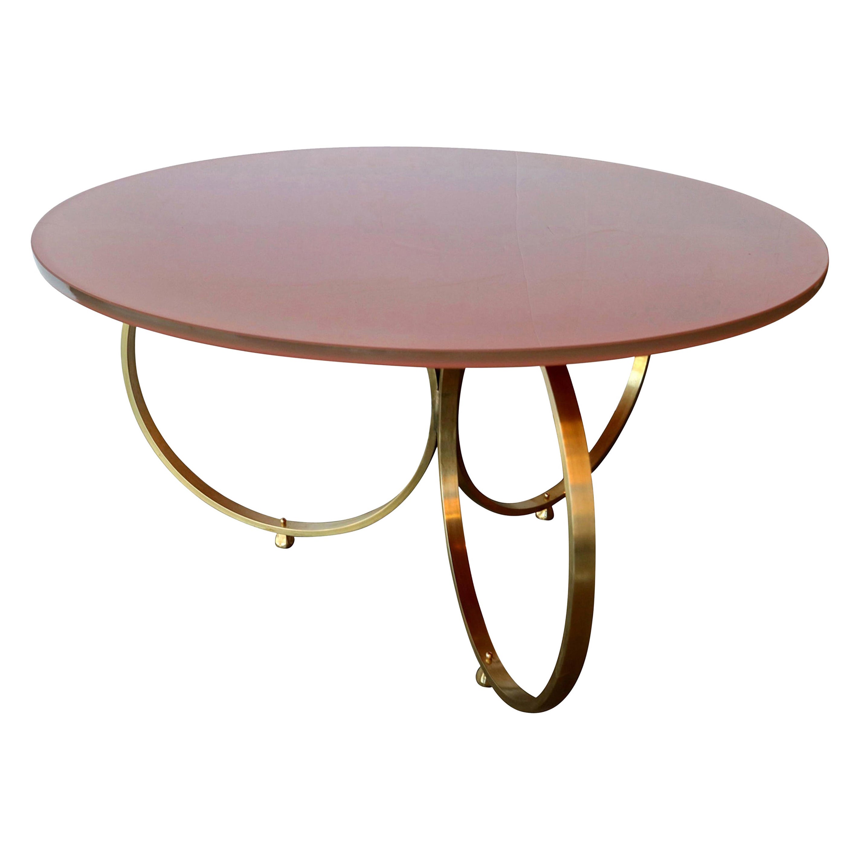 Custom Brass Coffee Table with Pink Reverse Painted Glass Top by Adesso Imports For Sale