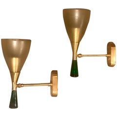 Sconces in Brass with Satin Glass Cone and More Solid Green Glass on the Base