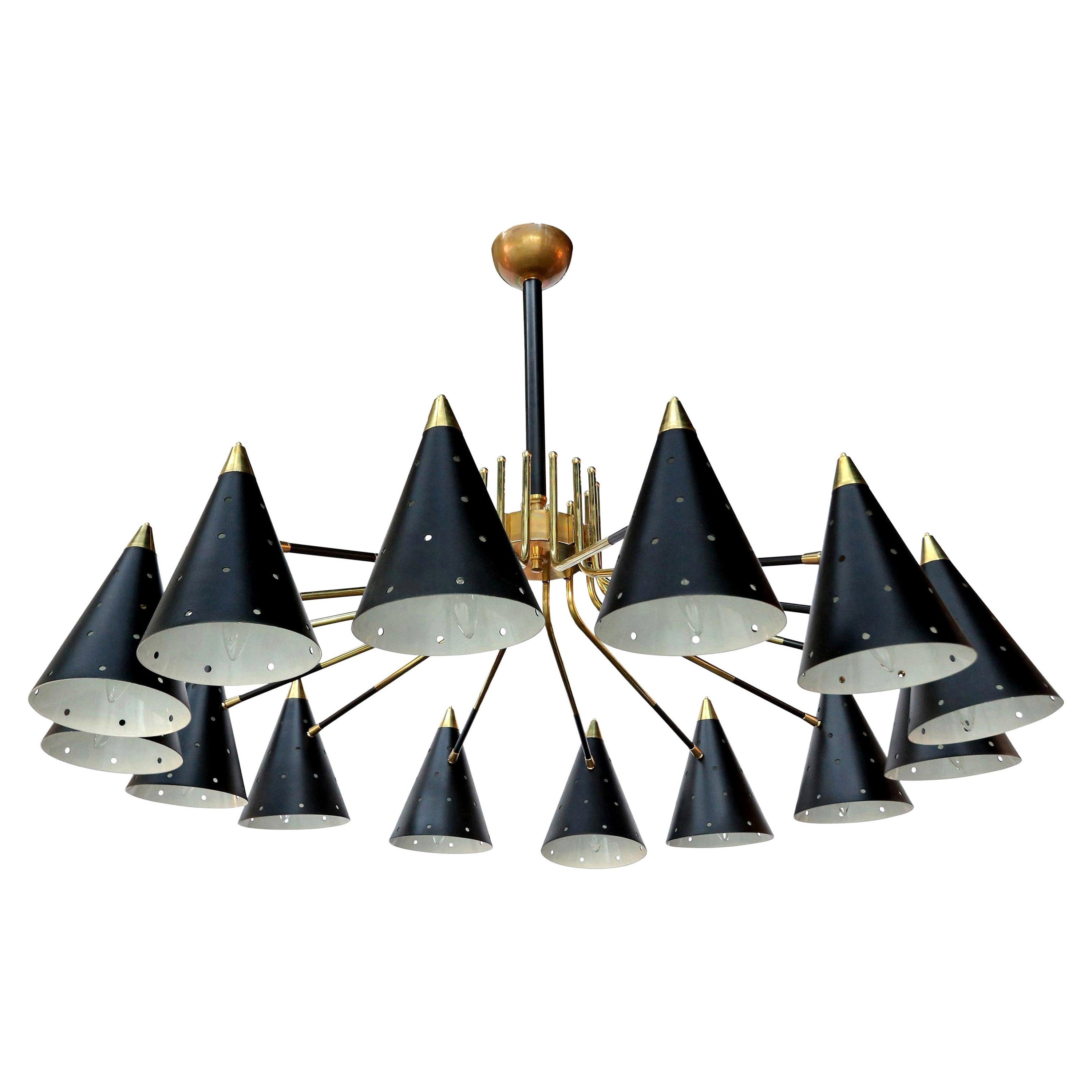 Midcentury Style Brass Chandelier with Black Perforated Shades For Sale