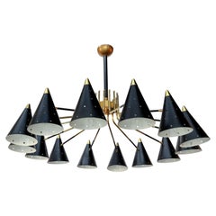 Midcentury Style Brass Chandelier with Black Perforated Shades