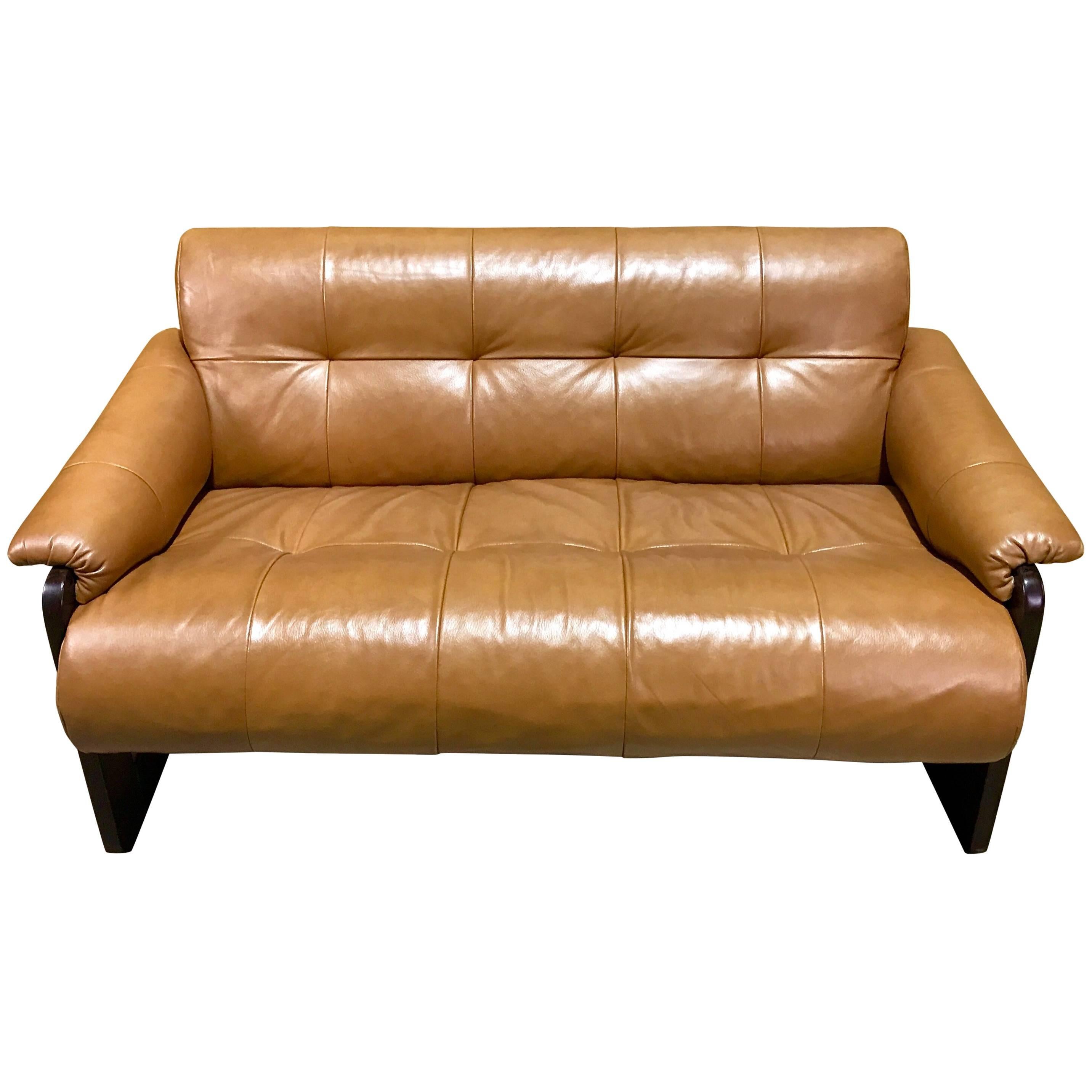 Brazilian Rosewood and Camel Leather Loveseat by Percival Lafer