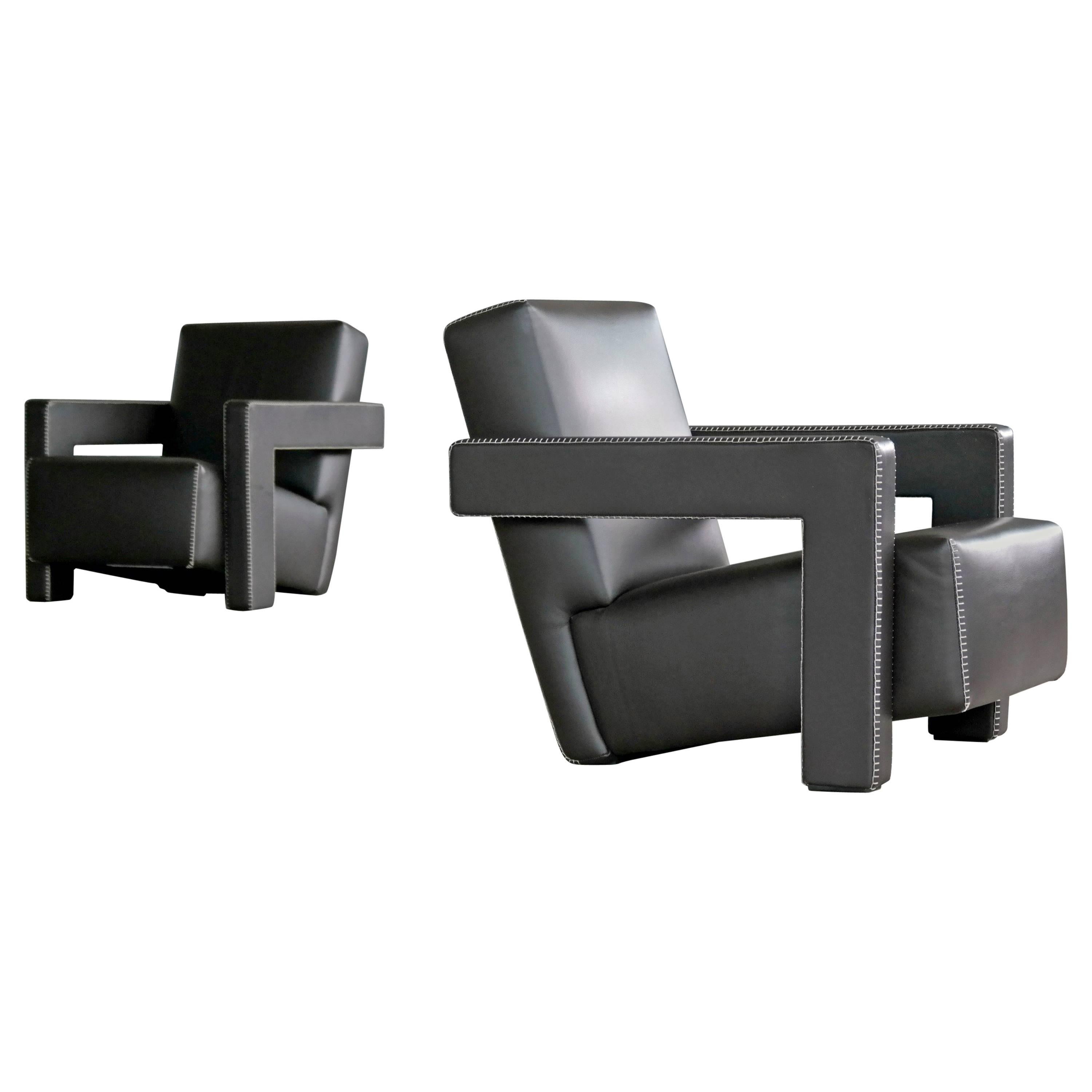 Gerrit Rietveld Pair of Utrecht Lounge Chairs in Dark Mocha Leather by Cassina