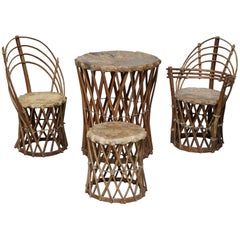 Rare Mexican Equipale Antique Native American Tribal Chairs Side & Dining Table