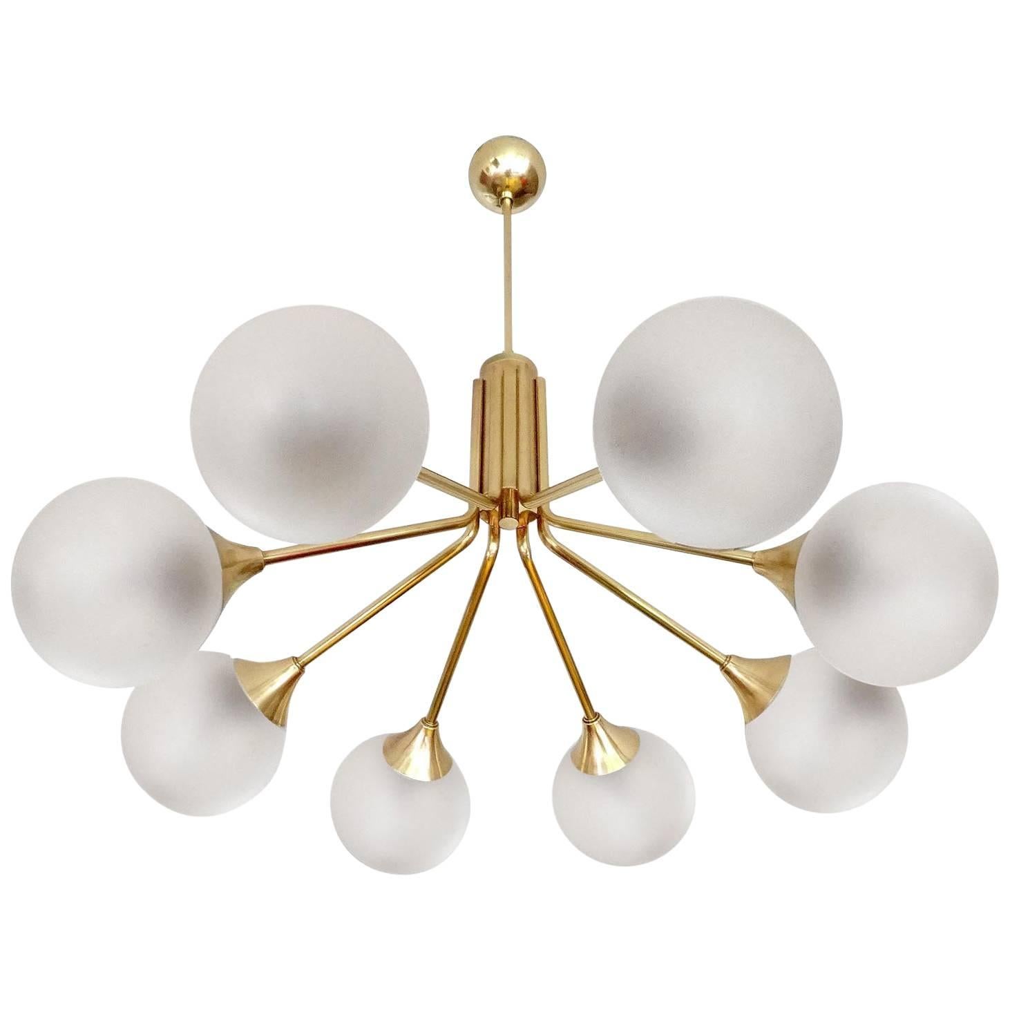 Large Mid Century Brass Glass Chandelier, 1960s  Stilnovo Style