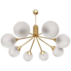 Large Mid Century Brass Glass Chandelier, 1960s  Stilnovo Style