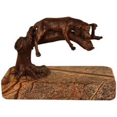 Bronze Dog Sleeping on a Tree Branch Sculpture