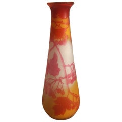 French Art Nouveau Red/Orange Emile Galle Cameo Glass Vase with Foliage/Berries