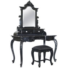 Nice Vintage French Louis Style Black Dressing Table and Stool Crystal Handles