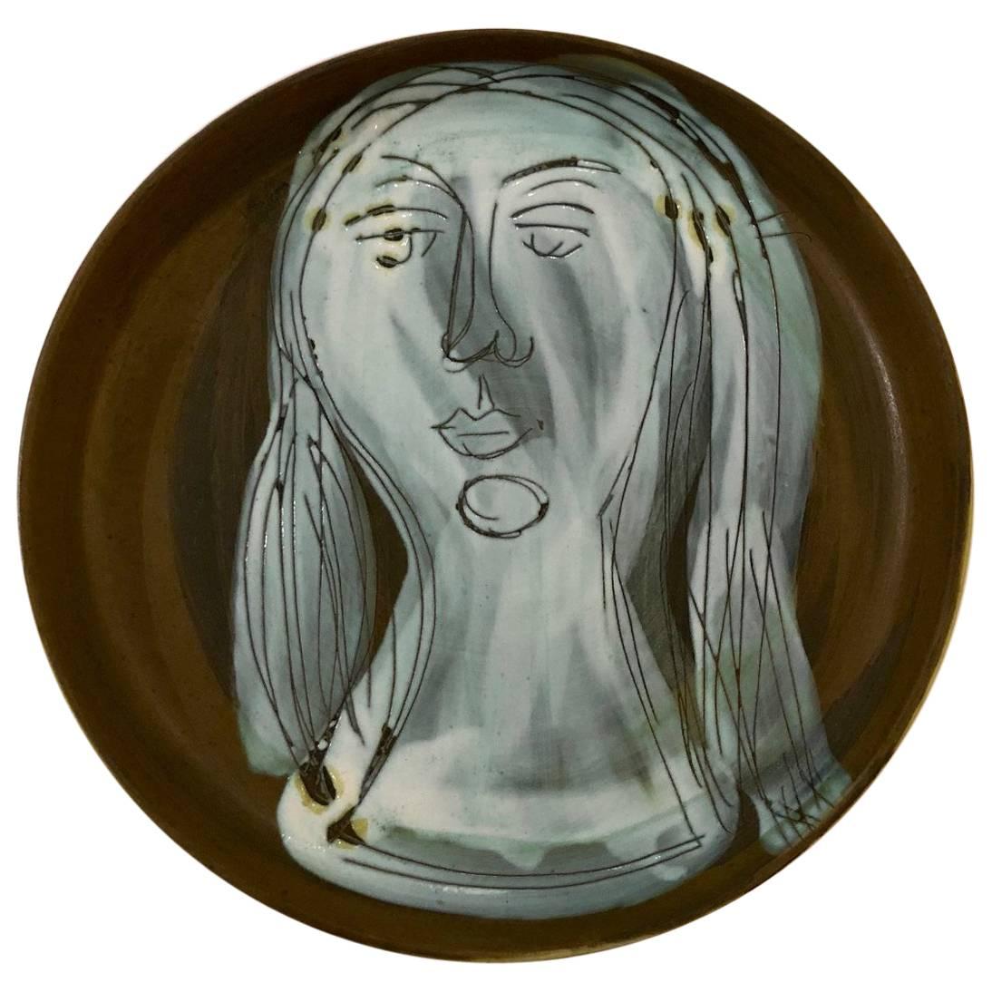 Ceramic Dish with Woman's Face Signed by Jacques Innocenti, 1950s