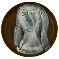 Ceramic Dish with Woman's Face Signed by Jacques Innocenti, 1950s