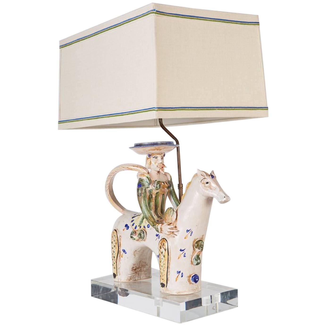 Italian Midcentury Ceramic Horse with Rider Now Custom Mounted as a Lamp