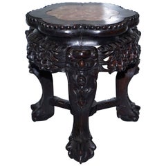 Antique Lovely 19th Century Carved Wood Chinese Pot Vase Stand with Marble Top Rare Find