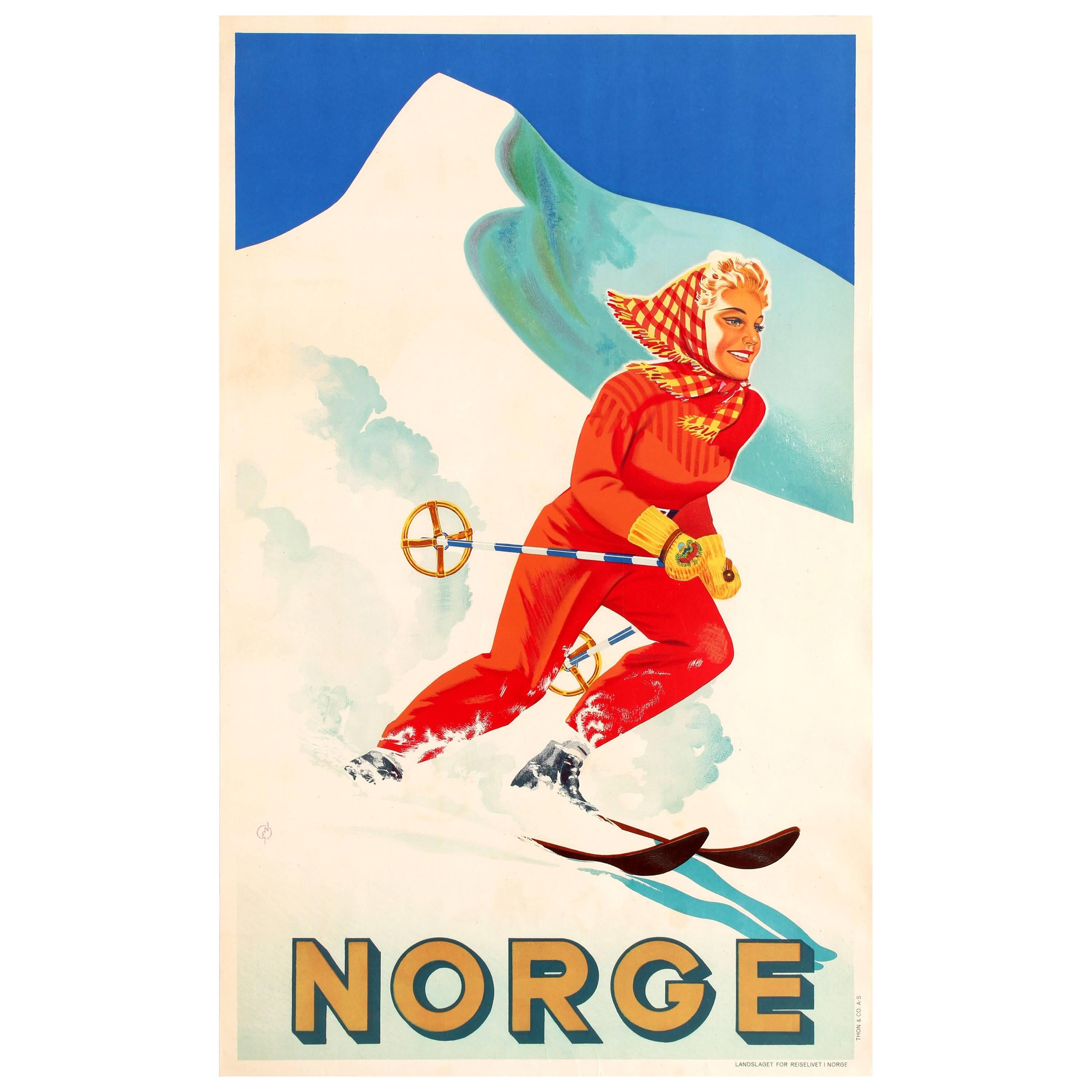 Original Vintage Winter Sports Travel Poster Promoting Skiing In Norway - Norge