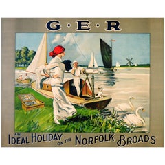 Large Original Vintage GER Railway Poster An Ideal Holiday On The Norfolk Broads