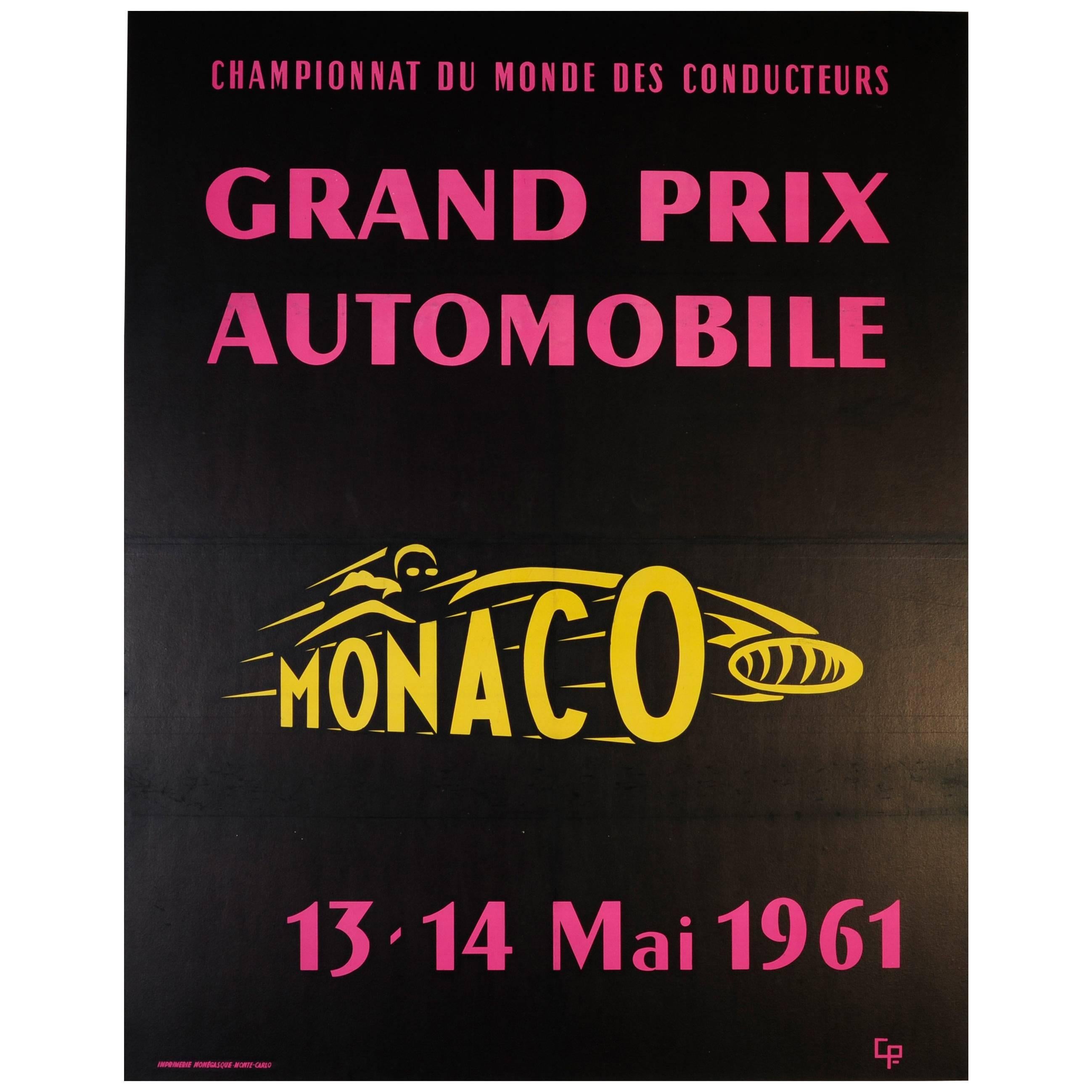 Large Original Vintage Car Racing Sport Event Poster - Monaco Grand Prix 1961 For Sale