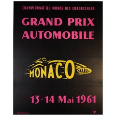 Gran cartel original de época de un evento deportivo de carreras de coches - Gran Premio de Mónaco 1961