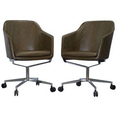 1 of 2 Retro Aged Green Heritage Leather Office Captains Chairs Chrome