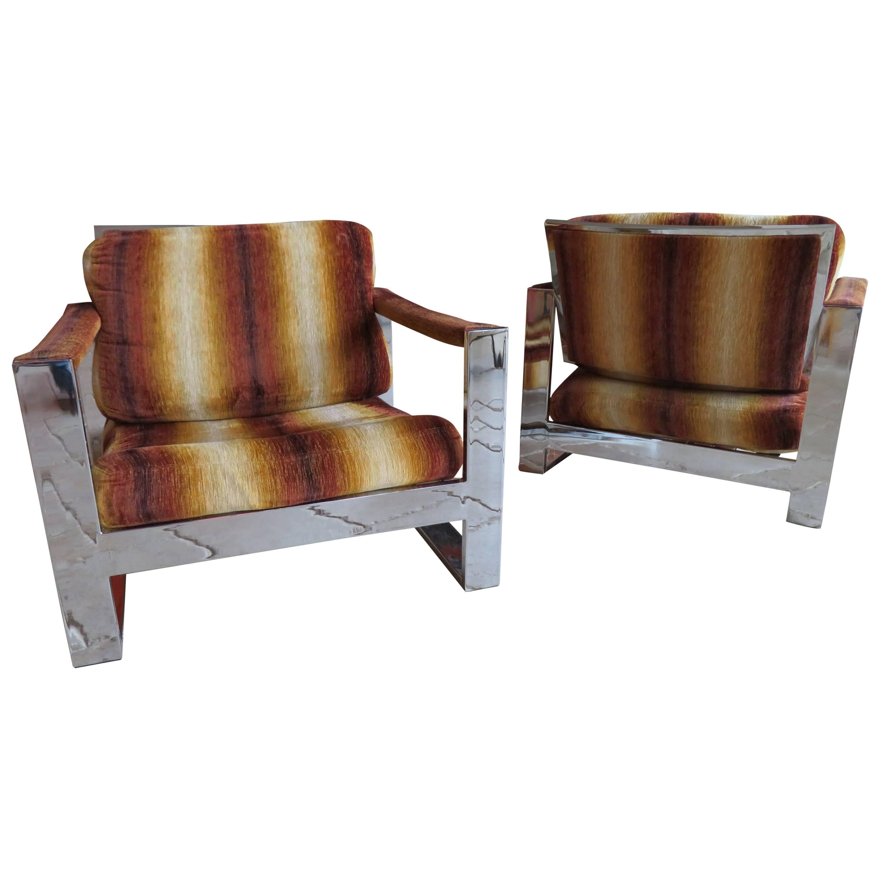 Rare Pair of Super Wide Chrome Bar Milo Baughman Thayer Coggin, Lounge Chairs