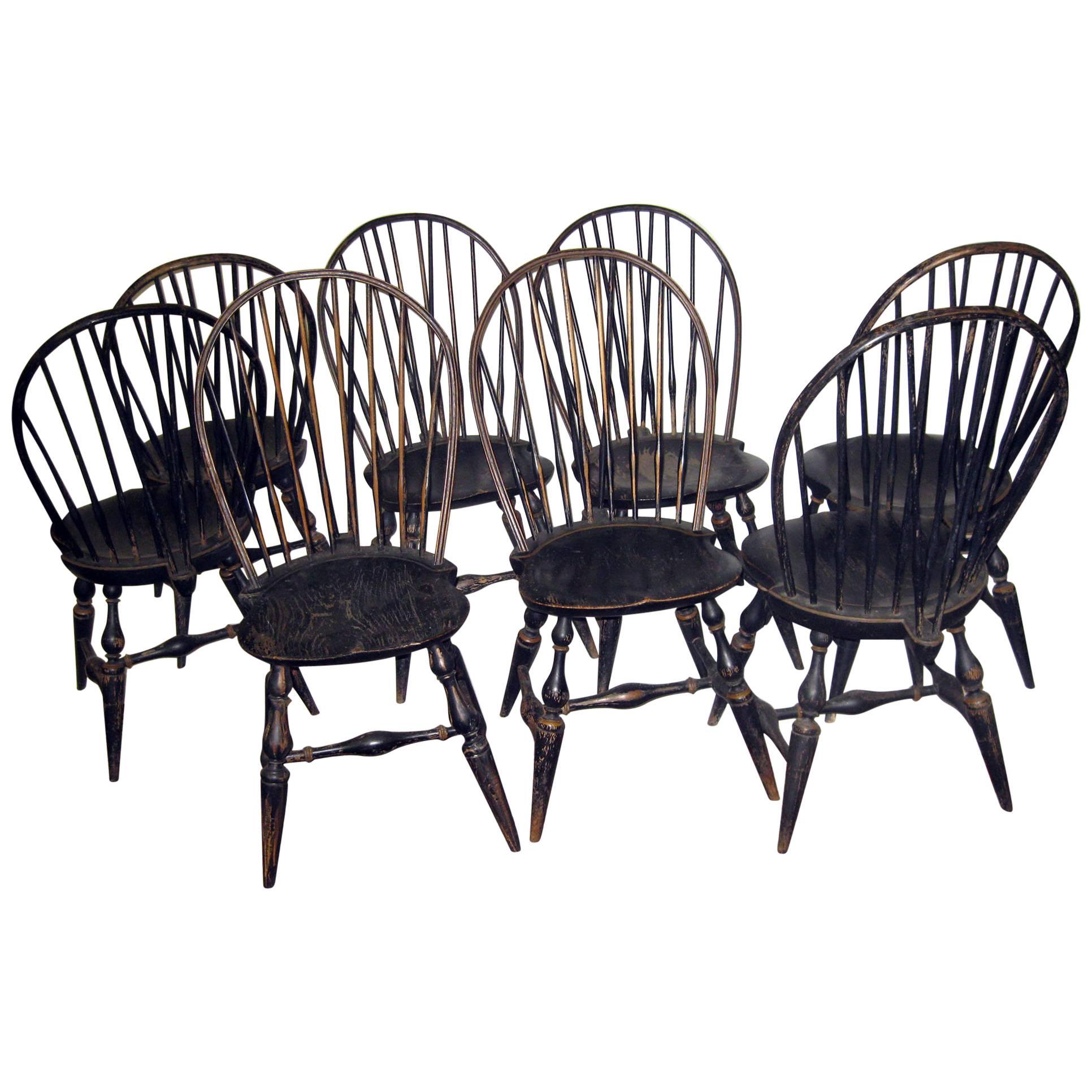 19th Century Set of Eight American Windsor Chairs with Original Paint