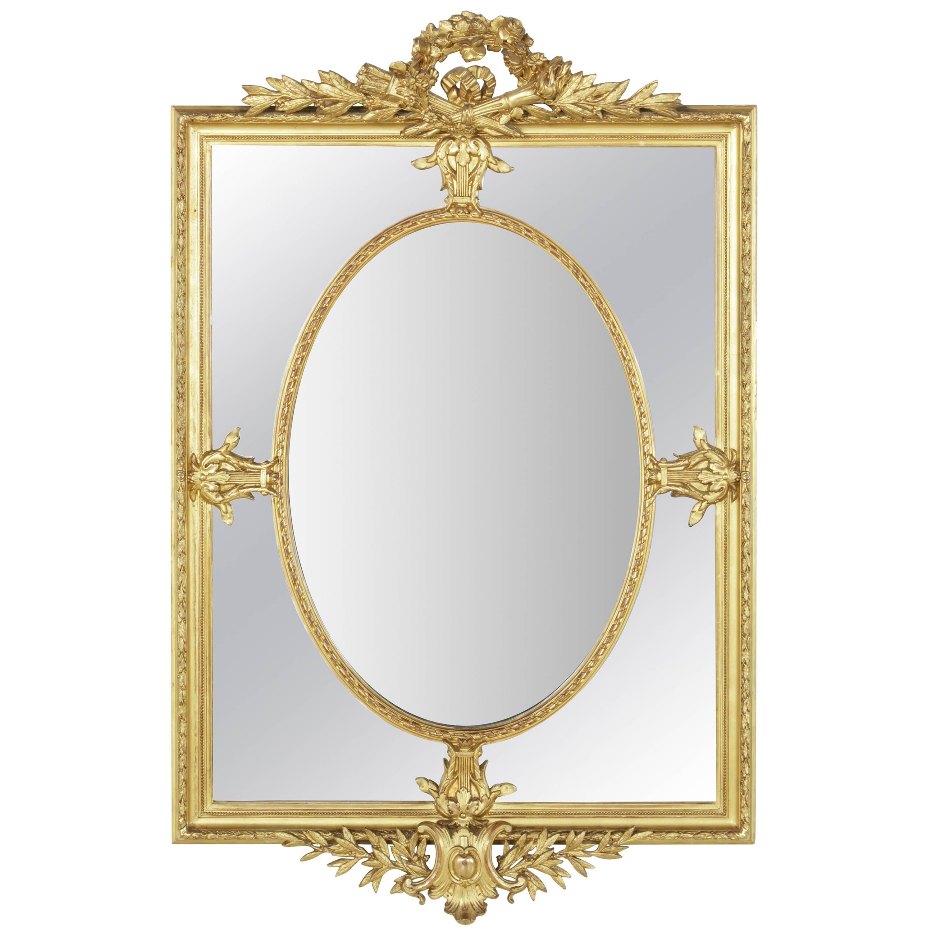 Large 19th Century Louis XVI Style Giltwood and Beveled Mirror with Inset Oval