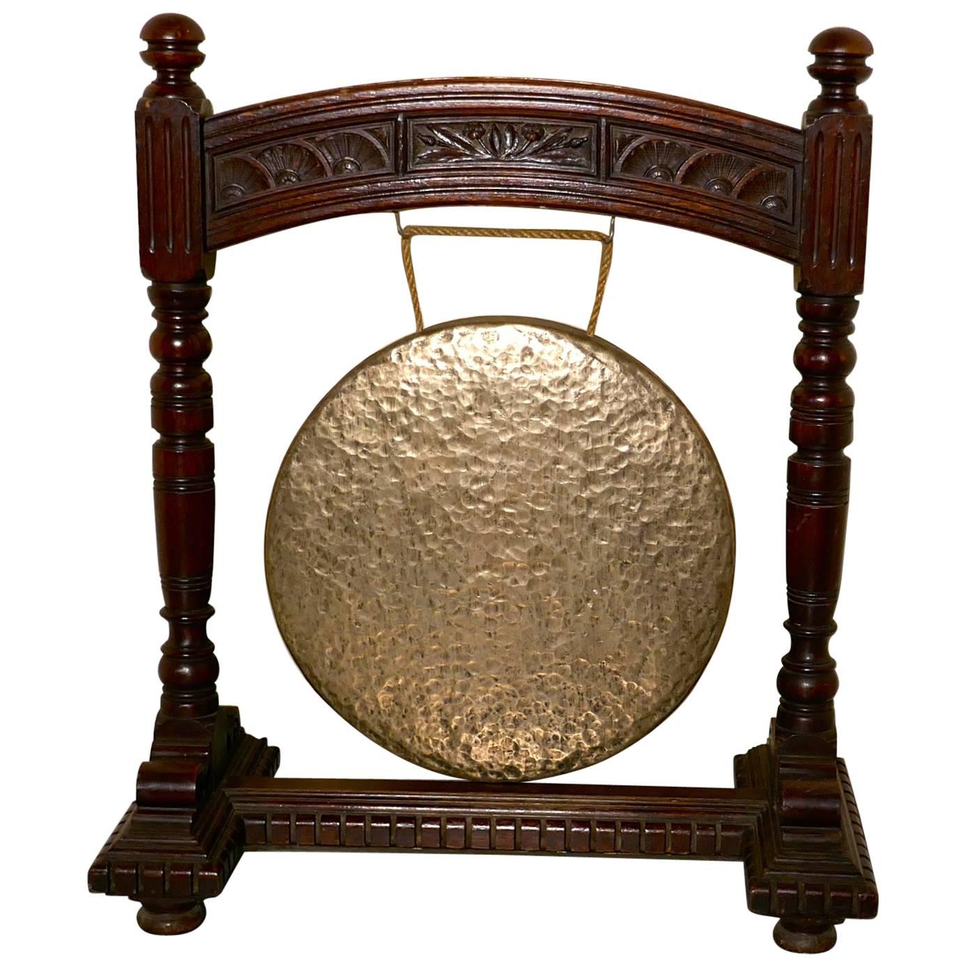 Large Gothic Carved Oak and Brass Dinner Gong
