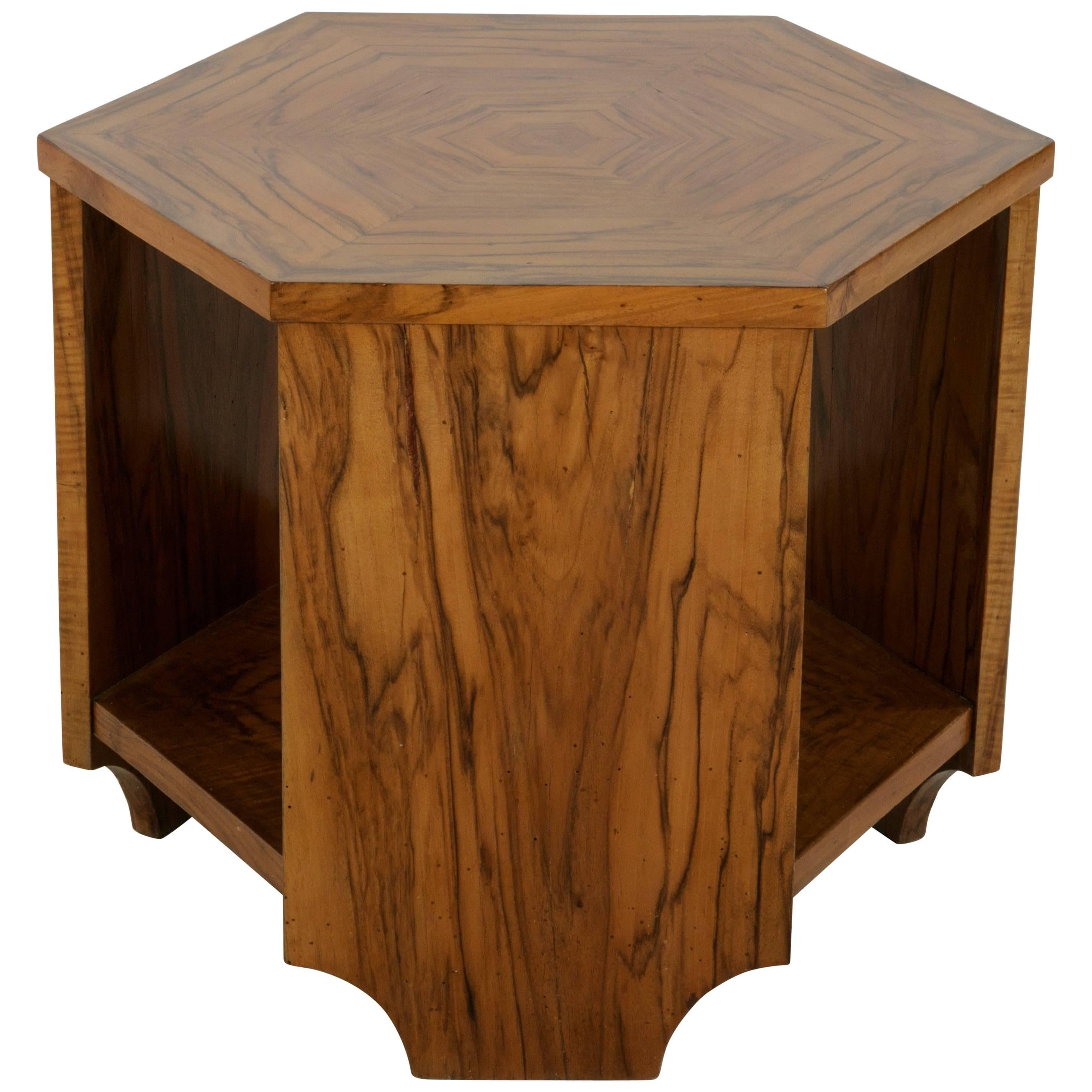 Early 20th Century French Art Deco Period Bookmatched Walnut Hexagon Side Table