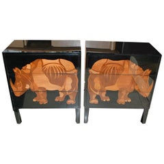 Pair of Lacquered and Wood Inlay Rhino Design Chest of Drawers
