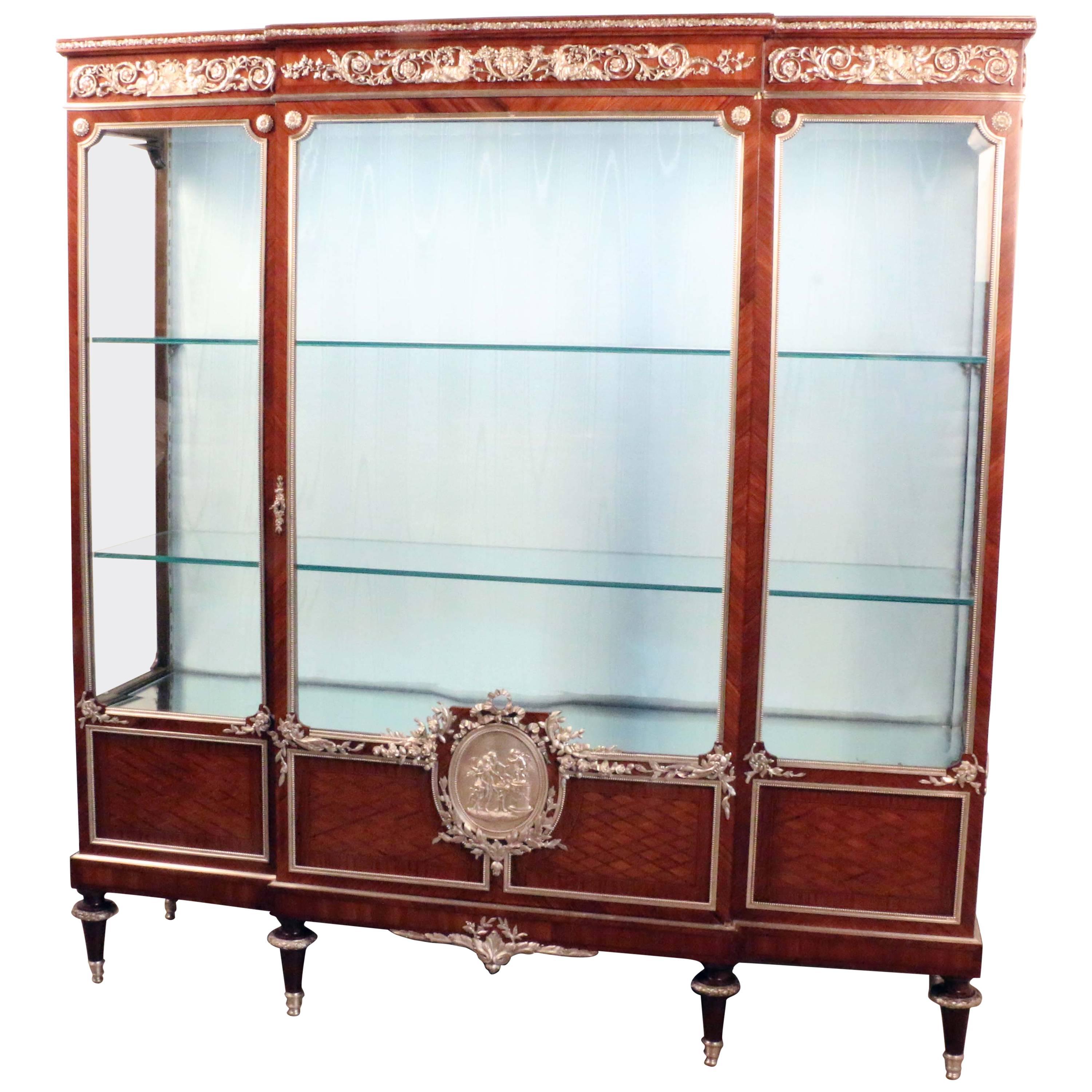 French Louis XVI Style Breakfront Vitrine in Violet Wood and Parquetry For Sale
