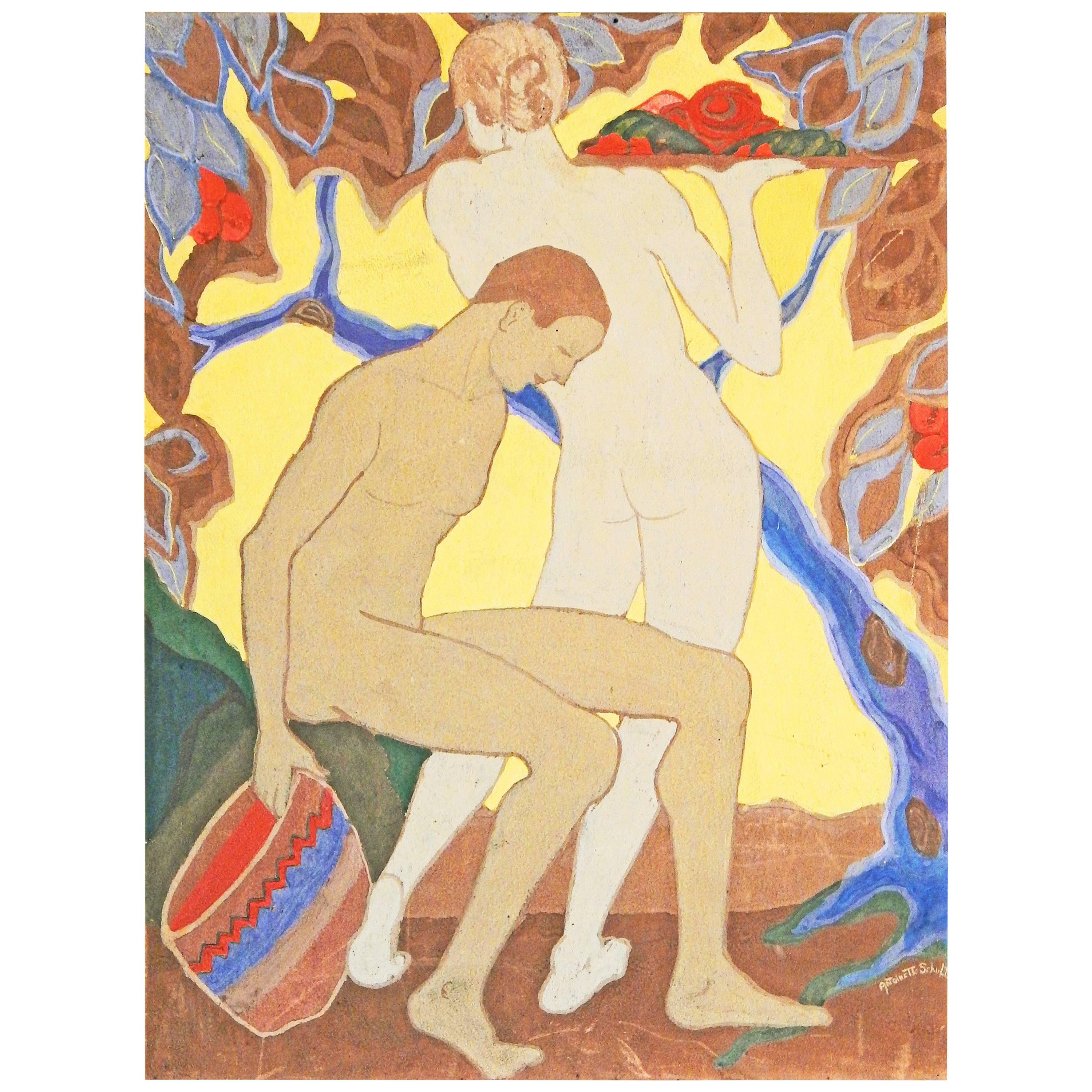 "Gathering Fruit", Vividly-Hued Art Deco Painting with Nudes by Schulte