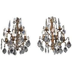 Beautiful and Elegant Large Pair of French 1930s Bronze and Crystal Sconces