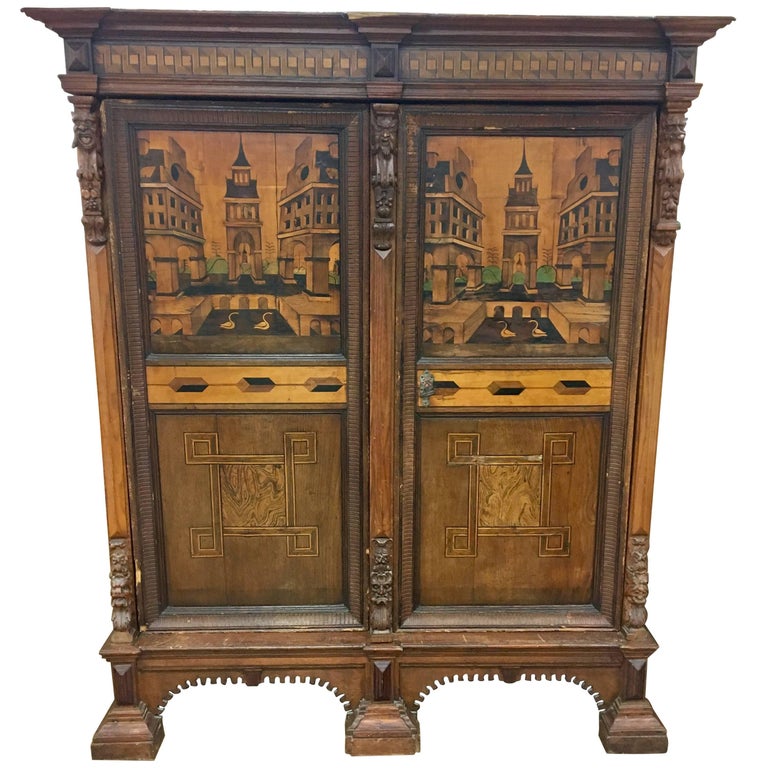 Antique Austrian Architectural, 18th Century Marquetry Armoire