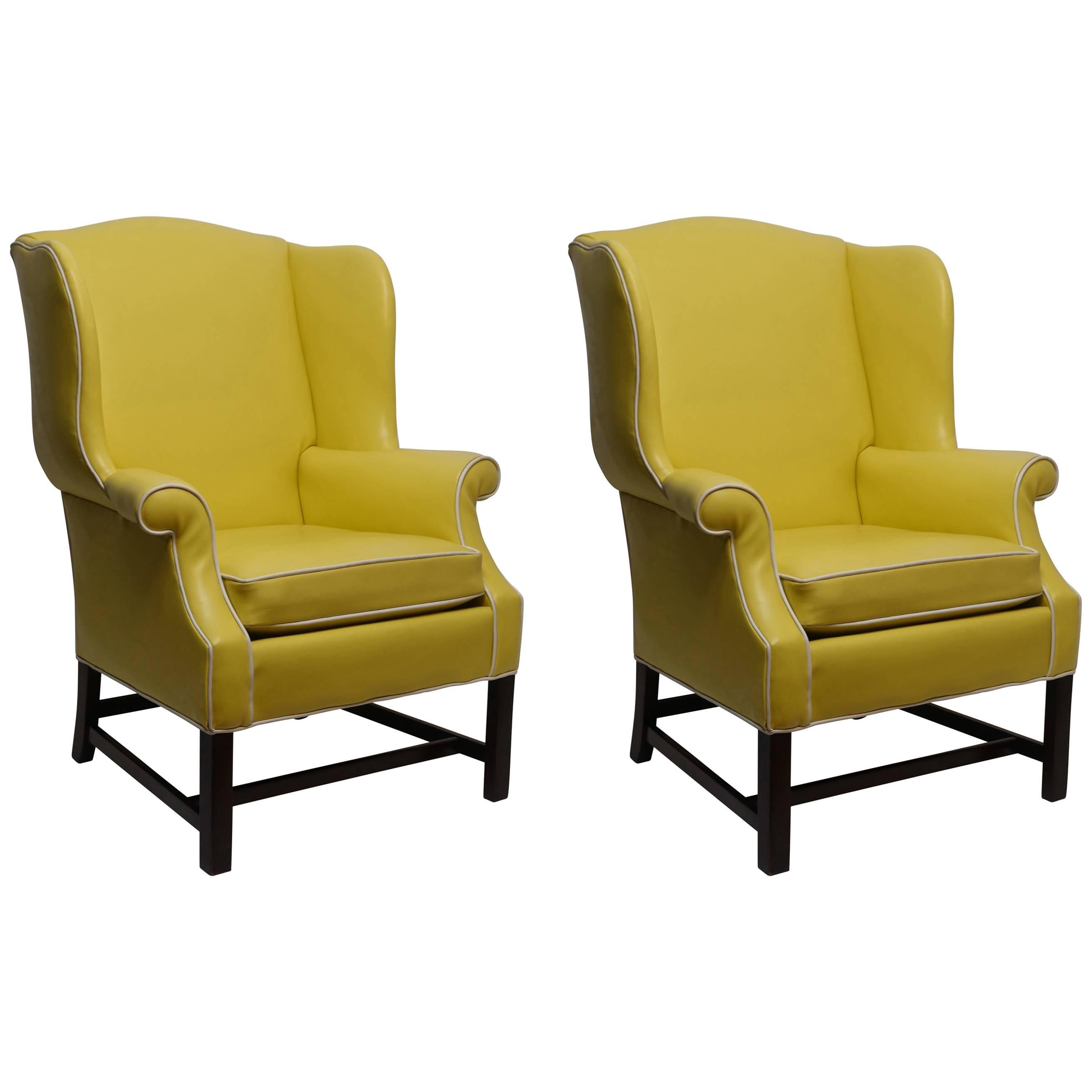Pair of Georgian Style Yellow Vinyl Wingback Chairs with Piping Detail, 1960s
