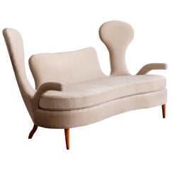 Renzo Zavanella, Important Sofa from Hotel San Remo, Light Fabric, Walnut, 1950