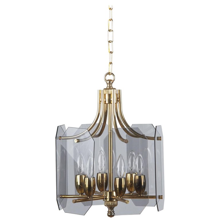 Midcentury French Brass Chandelier With Smoked Glass Panels 1960s Midcentury French Brass Chandelier With Smoked Glass Panels 1960s For