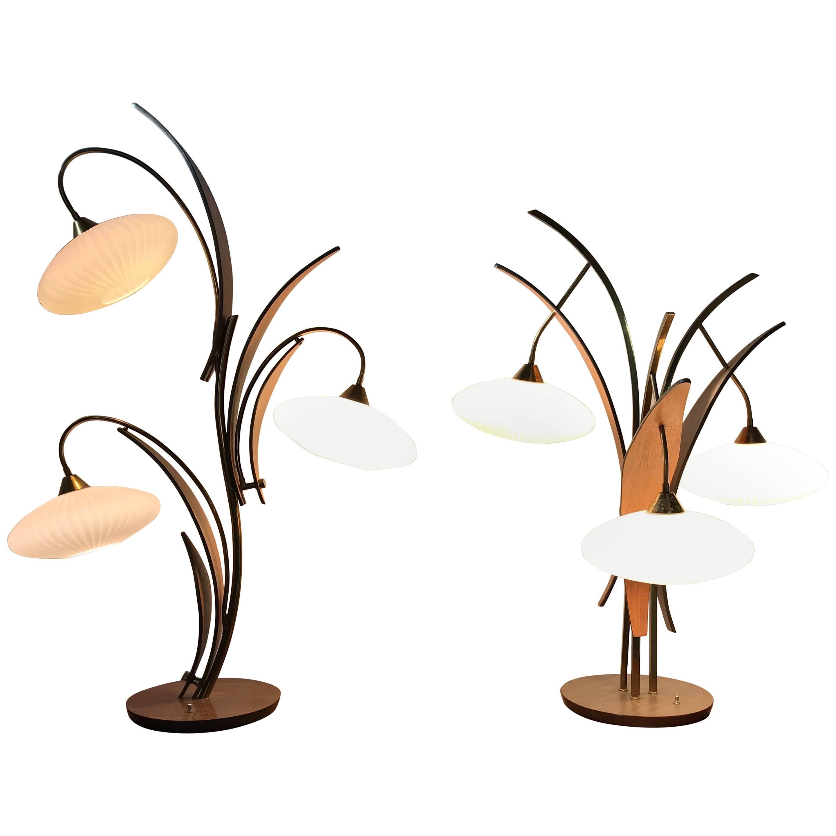 Pair of Classic Mid-Century Modern "Flower" Wood and Glass Lamps