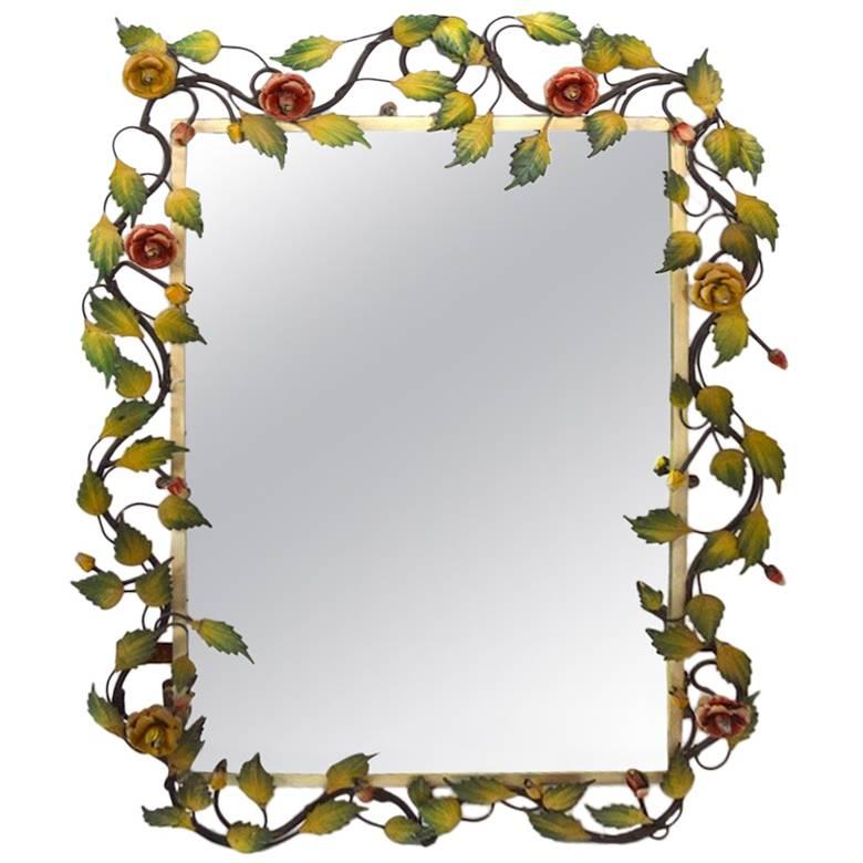Romantic Foliate Trim Mirror of Painted Metal and Glass
