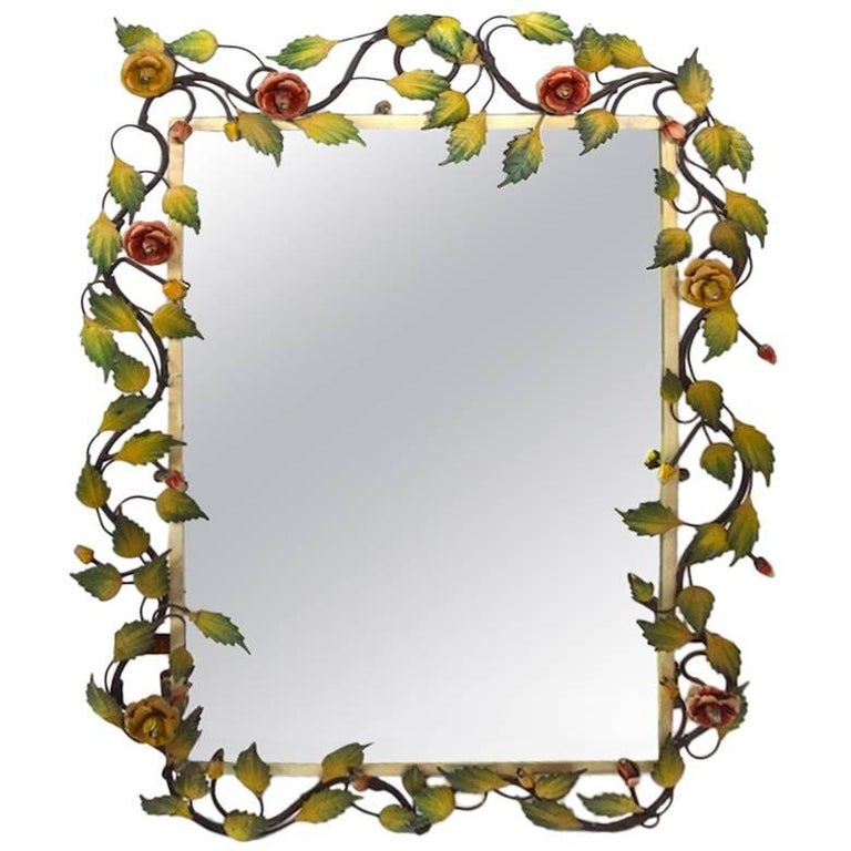 Romantic Foliate Trim Mirror of Painted Metal and Glass at 1stDibs