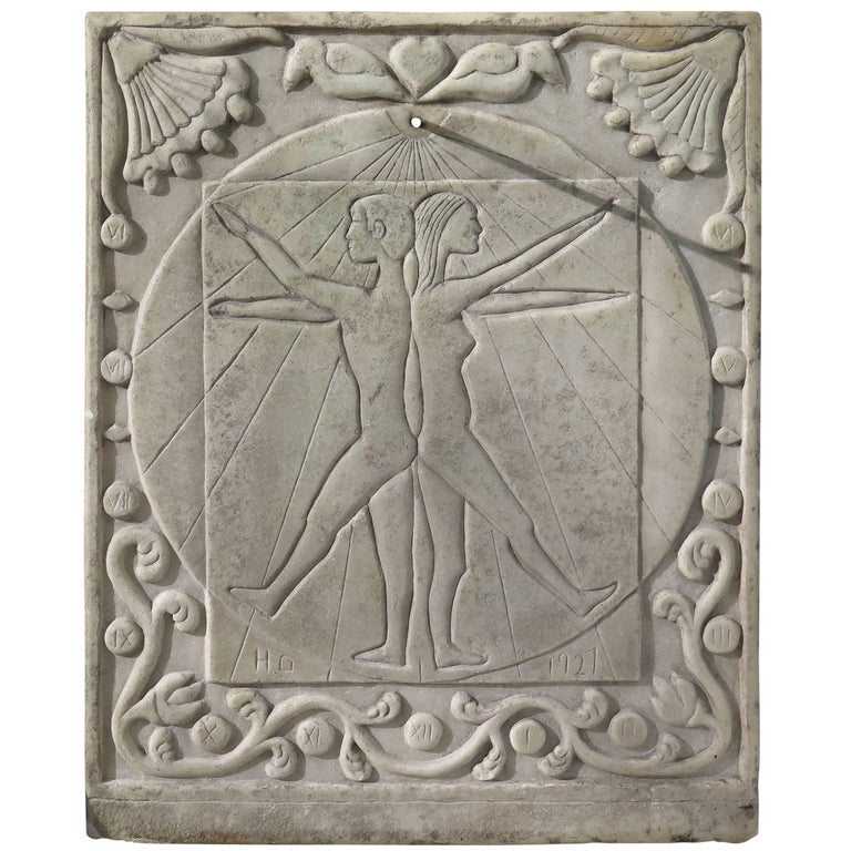 Marble sundial with incised figures, 1927, by HD