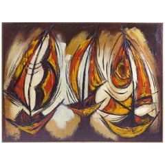 Vintage Over scale Mid-Century Modern Abstract Oil Painting of Sailboats