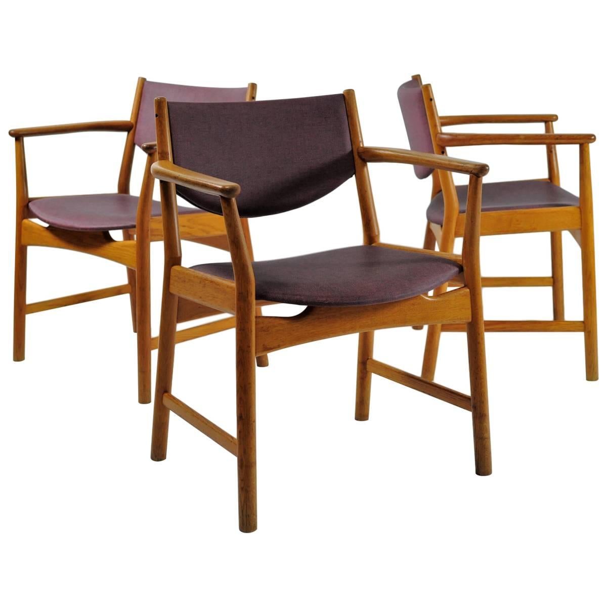 1960s Three Aksel Bender Madsen, Ejnar Larsen Oak Armchairs, Inc. Reupholstery