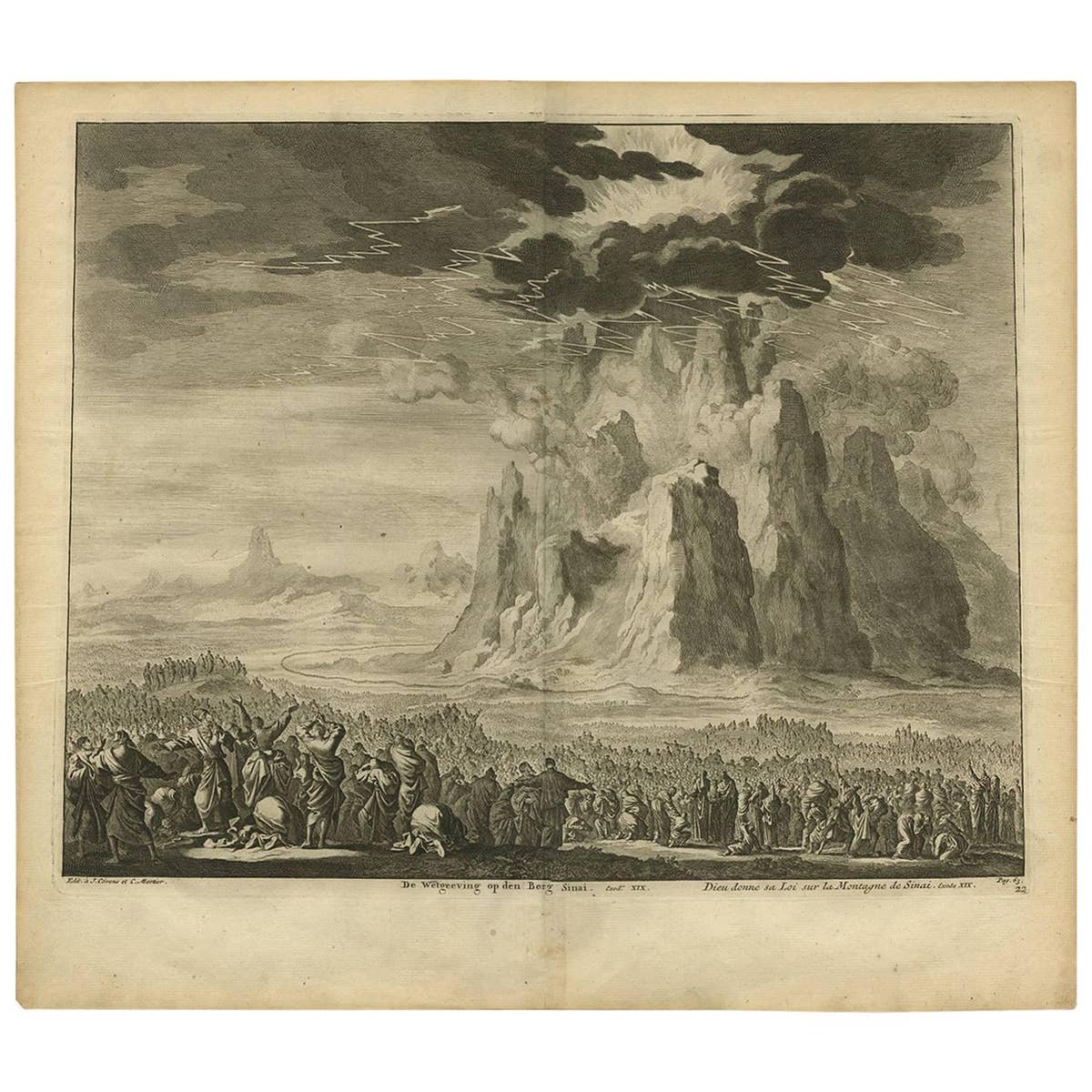 Original Antique Bible Print Law Given at Mount Sinai, 1743