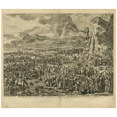 Antiker antiker Bibeldruck Moses schlägt auf Wasser aus den Felsen von J. Luyken, 1743